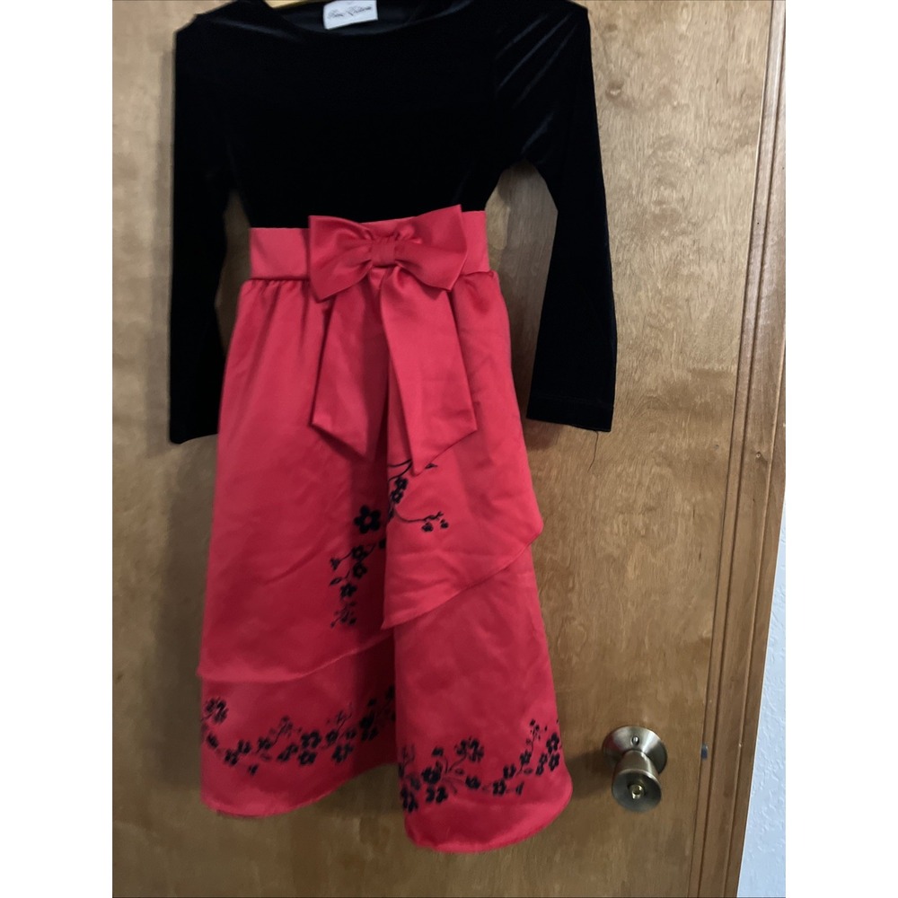 Rare Editions Girls Red Black Holiday Dress Size 7 Party‎ 33" L Velvet Waist Bow